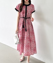 大人映えデザイン ダマスク柄ワンピース タッセルリボン ダマスク ワンピース エスニック ロングワンピース 長袖 春服 秋服