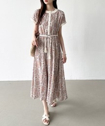 大人映えデザイン ダマスク柄ワンピース タッセルリボン ダマスク ワンピース エスニック ロングワンピース 長袖 春服 秋服