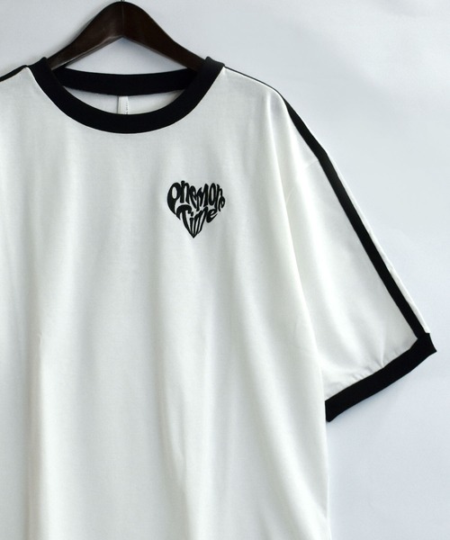  ★オーバーサイズ 半袖 クルーネック 刺繍 Tシャツ Starting Over tシャツ oversize sleeve line ringer T-shirt