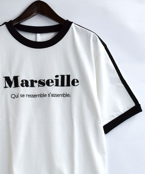 おしゃれスタ(オシャレスタ)の「オーバーサイズ モノトーン 袖ライン フロント刺繍 クルーネック リンガー 半袖Tシャツ/ゲームシャツ【IR】 オーバーサイズ メンズ レディース(Tシャツ/カットソー・メンズ・ブラック系その他2/ホワイト系その他2/ブラック系その他/ホワイト系その他・M/XL/S/L)」の1枚目の写真