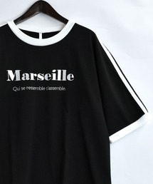 おしゃれスタ（オシャレスタ）の「オーバーサイズ  モノトーン 袖ライン フロント刺繍 クルーネック リンガー 半袖Tシャツ/ゲームシャツ【IR】（Tシャツ/カットソー）」
