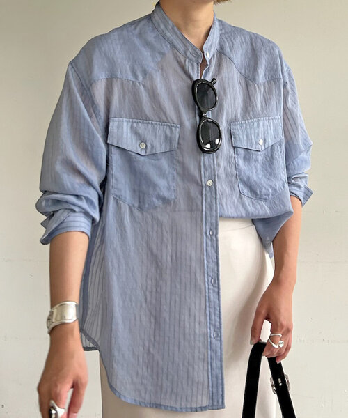 ★zoozoo7品★plage シアーストライプ 長袖シャツ バンドカラー 楽天市場】シャツ レディース トップス 長袖 ブラウス バンド