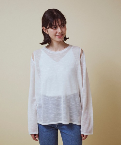 CLEAN SPACE(クリーンスペース)の「リネンライクシアートップス(Tシャツ/カットソー・レディース・ブラック/カーキ/サックスブルー/オフホワイト/イエロー/ライトグレー・フリー)」の2枚目の写真