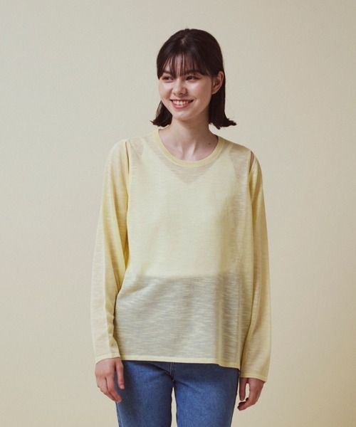 CLEAN SPACE(クリーンスペース)の「リネンライクシアートップス(Tシャツ/カットソー・レディース・ブラック/カーキ/サックスブルー/オフホワイト/イエロー/ライトグレー・フリー)」の6枚目の写真