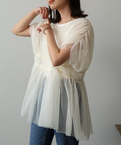 Bou Jeloud（ブージュルード）の「チュールドッキングギャザーブラウス（シャツ/ブラウス・レディース・アイボリー/ブラック・38）」の6枚目の写真