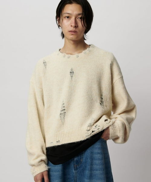 Lui's（ルイス）の「【Neucon/ニューコン】 ショートダメージニット（ニット/セーター・メンズ・レッド/アイボリー/ブラック・1/2）」の4枚目の写真