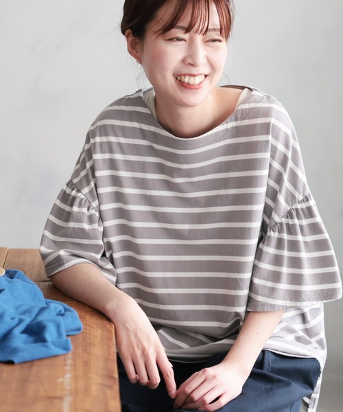 あしたのふく あわいろボーダーの袖フリルカットソー レディース Tシャツ プルオーバー 五分袖 5分袖 半袖 ボートネック 綿 コットン トップス soulberry あしたのふく あわいろボーダーの袖フリルカットソー