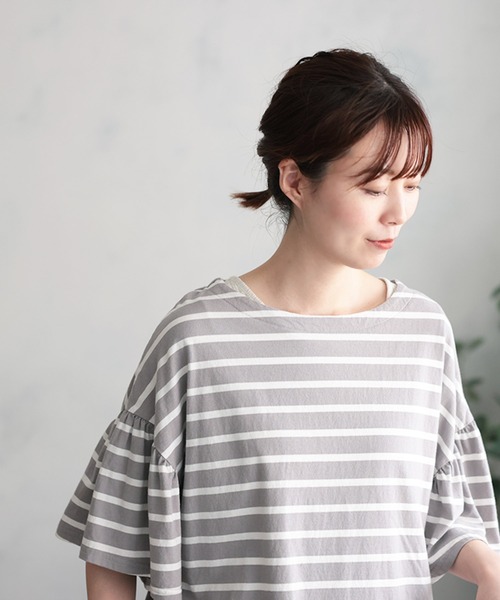 tシャツ あわいろボーダーの袖フリルカットソー レディース あわいろボーダーの袖フリルカットソー（Tシャツ/カットソー