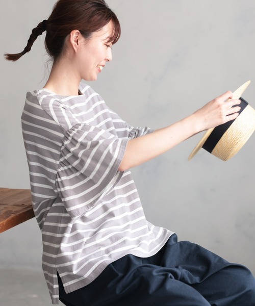 tシャツ あわいろボーダーの袖フリルカットソー レディース あわいろボーダーの袖フリルカットソー（Tシャツ/カットソー
