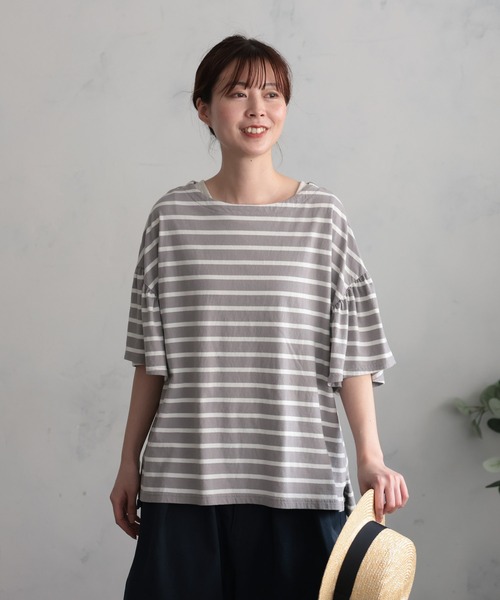 tシャツ あわいろボーダーの袖フリルカットソー レディース あわいろボーダーの袖フリルカットソー（Tシャツ/カットソー