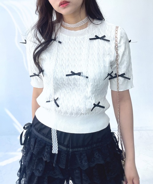 AS KNOW AS plus（アズノゥアズプラス）の「◇ケーブルリボン半袖ニットプルオーバー（ニット/セーター・レディース・ブルーグレー/杢グレー/アイボリー/ブルー系/グレー系/アイボリー系・FREE）」の6枚目の写真