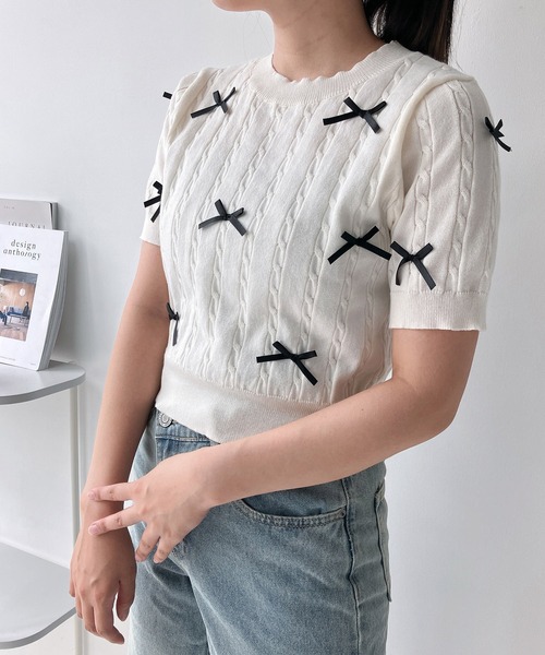 AS KNOW AS plus（アズノゥアズプラス）の「◇ケーブルリボン半袖ニットプルオーバー（ニット/セーター・レディース・ブルーグレー/杢グレー/アイボリー/ブルー系/グレー系/アイボリー系・FREE）」の20枚目の写真