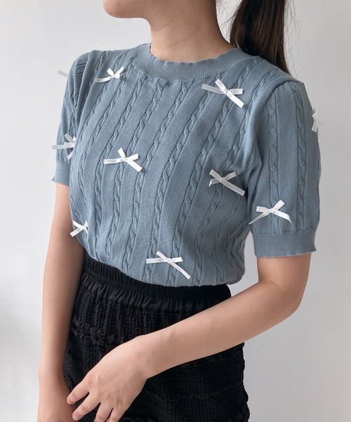 AS KNOW AS plus（アズノゥアズプラス）の「◇ケーブルリボン半袖ニットプルオーバー（ニット/セーター・レディース・ブルーグレー/杢グレー/アイボリー/ブルー系/グレー系/アイボリー系・FREE）」の13枚目の写真