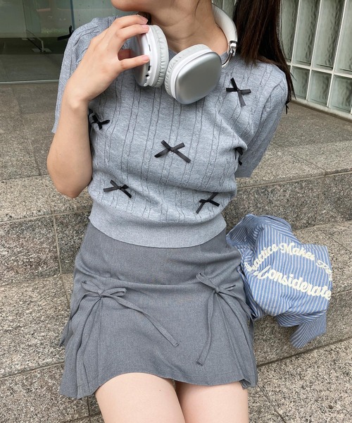 AS KNOW AS plus（アズノゥアズプラス）の「◇ケーブルリボン半袖ニットプルオーバー（ニット/セーター・レディース・ブルーグレー/杢グレー/アイボリー/ブルー系/グレー系/アイボリー系・FREE）」の9枚目の写真