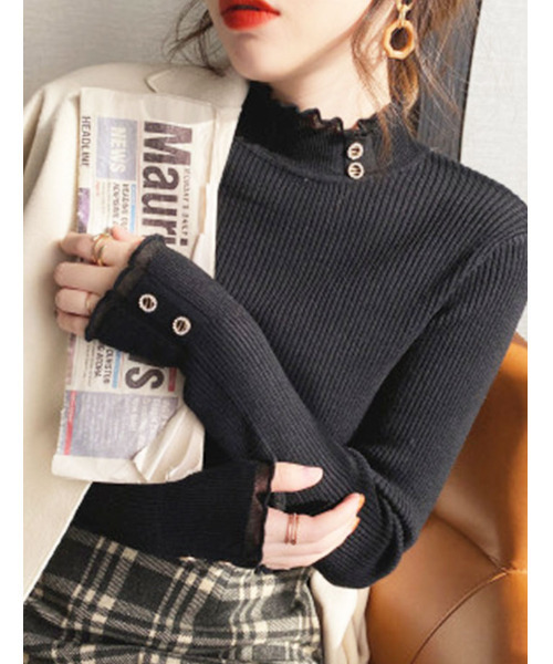 VIVID LADY（ビビッドレディー）の「ボタン付きレースハーフネックニット 長袖 レディース（ニット/セーター・レディース・ホワイト/アイボリー/ブラック・FREE）」の3枚目の写真