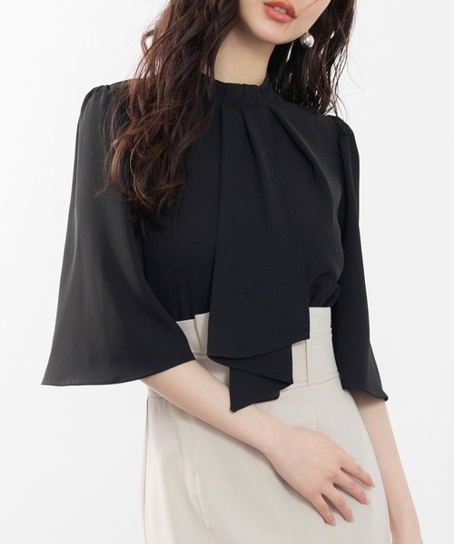 DRESS PLUS(ドレスプラス)の「5分丈スリーブスタンドカラーブラウス(シャツ/ブラウス・レディース・ピンクベージュ/アイボリー/ブラック/ライトグリーン・S/M/L)」の20枚目の写真