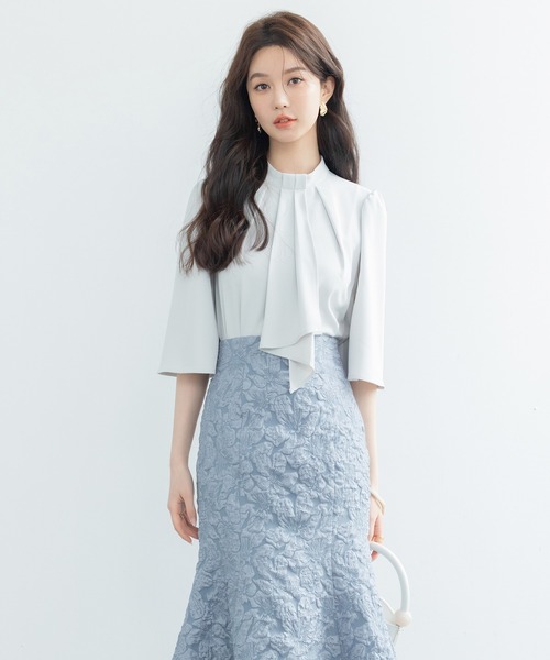 DRESS PLUS(ドレスプラス)の「5分丈スリーブスタンドカラーブラウス(シャツ/ブラウス・レディース・ピンクベージュ/アイボリー/ブラック/ライトグリーン・S/M/L)」の6枚目の写真