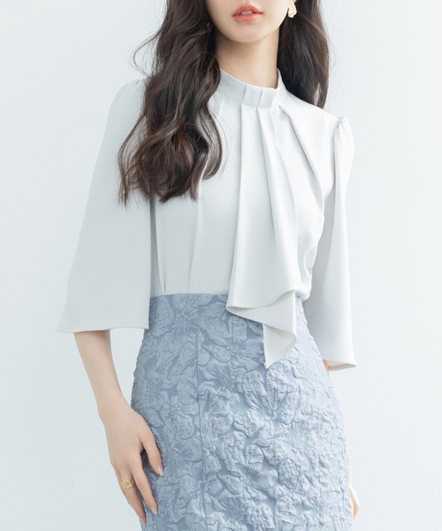 DRESS PLUS(ドレスプラス)の「5分丈スリーブスタンドカラーブラウス(シャツ/ブラウス・レディース・ピンクベージュ/アイボリー/ブラック/ライトグリーン・S/M/L)」の12枚目の写真