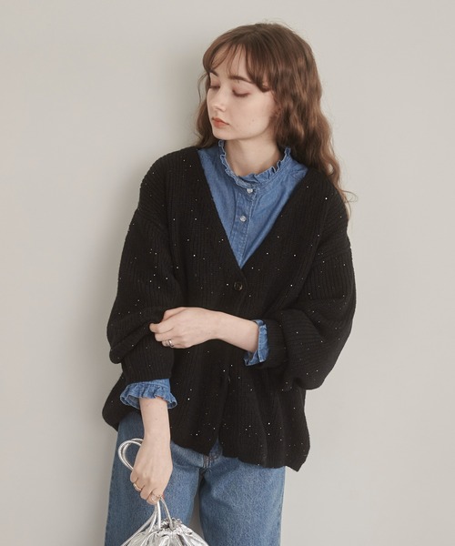 PESERICO 美品 カーディガン スパンコール Vネック 半袖 ブルーグレー 洗える】ウールカシミヤブレンドラメスパンコールニット カーディガン