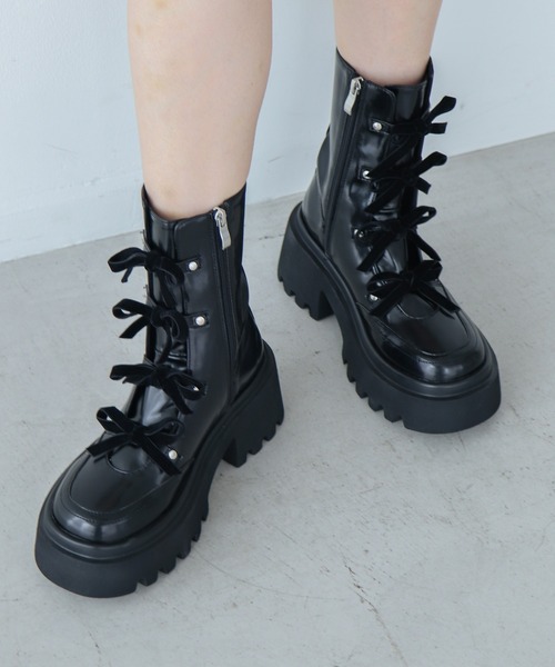 【セール】【EVOL】リボンレースアップ厚底ショートブーツ IX5580（ブーツ）｜EVOL（イーボル）