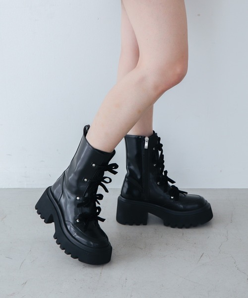 【セール】【EVOL】リボンレースアップ厚底ショートブーツ IX5580（ブーツ）｜EVOL（イーボル）