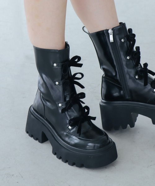 【セール】【EVOL】リボンレースアップ厚底ショートブーツ IX5580（ブーツ）｜EVOL（イーボル）