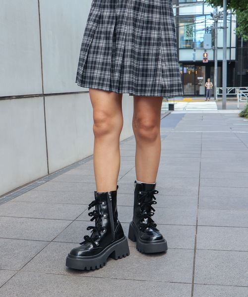 【セール】【EVOL】リボンレースアップ厚底ショートブーツ IX5580（ブーツ）｜EVOL（イーボル）