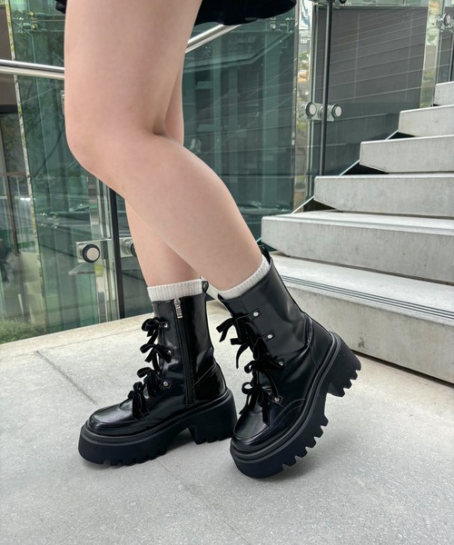 【セール】【EVOL】リボンレースアップ厚底ショートブーツ IX5580（ブーツ）｜EVOL（イーボル）