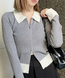 clear | 襟袖ショートフェザーダブルジップリブニットトップス [トレンド感 配色フェザー 肌見せ]≪2024AW新作≫(ニット/セーター)