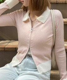 clear | 襟袖ショートフェザーダブルジップリブニットトップス [トレンド感 配色フェザー 肌見せ]≪2024AW新作≫(ニット/セーター)