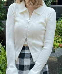 襟袖ショートフェザーダブルジップリブニットトップス [大人 カジュアル 着回し力抜群]≪再入荷≫