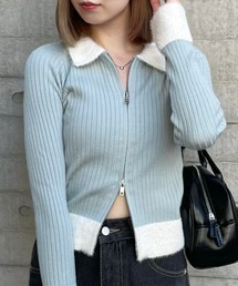 clear | 襟袖ショートフェザーダブルジップリブニットトップス [トレンド感 配色フェザー 肌見せ]≪2024AW新作≫(ニット/セーター)