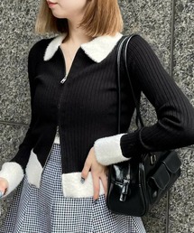 clear | 襟袖ショートフェザーダブルジップリブニットトップス [トレンド感 配色フェザー 肌見せ]≪2024AW新作≫(ニット/セーター)