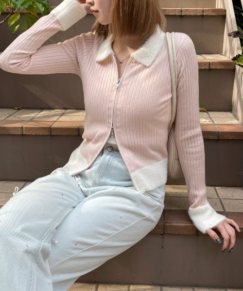 clear（クリア）の「襟袖ショートフェザーダブルジップリブニットトップス [大人 カジュアル 着回し力抜群]≪再入荷≫（ニット/セーター・レディース・ブラック/アイボリー/ライトピンク/グレー/ミント・F）」の7枚目の写真