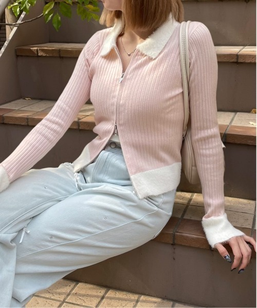 clear（クリア）の「襟袖ショートフェザーダブルジップリブニットトップス [大人 カジュアル 着回し力抜群]≪再入荷≫（ニット/セーター・レディース・ブラック/アイボリー/ライトピンク/グレー/ミント・F）」の6枚目の写真