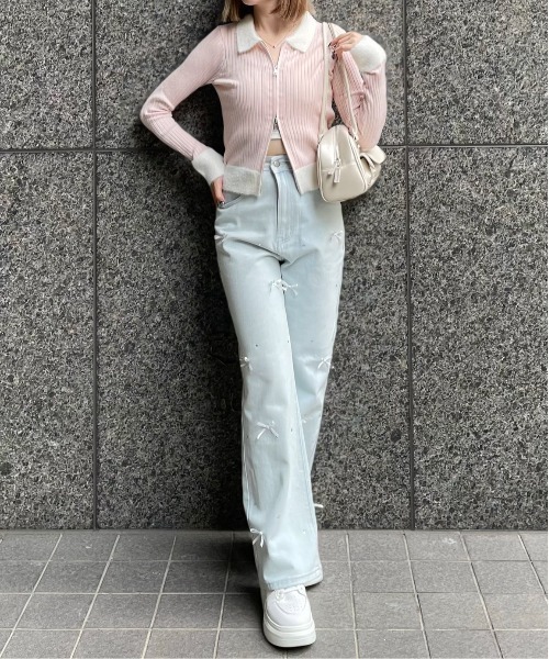 clear（クリア）の「襟袖ショートフェザーダブルジップリブニットトップス [大人 カジュアル 着回し力抜群]≪再入荷≫（ニット/セーター・レディース・ブラック/アイボリー/ライトピンク/グレー/ミント・F）」の8枚目の写真