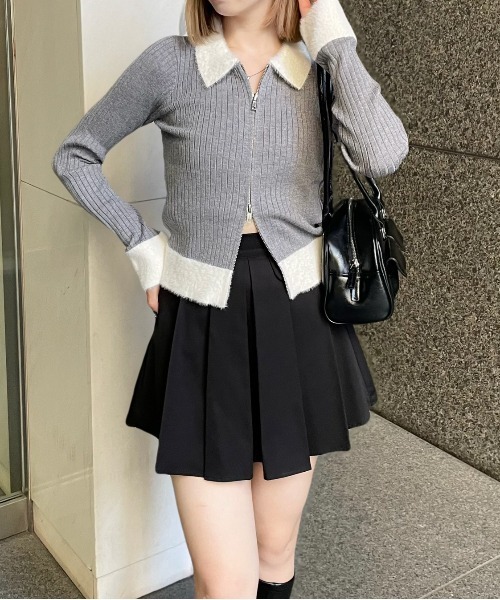 clear（クリア）の「襟袖ショートフェザーダブルジップリブニットトップス [大人 カジュアル 着回し力抜群]≪再入荷≫（ニット/セーター・レディース・ブラック/アイボリー/ライトピンク/グレー/ミント・F）」の13枚目の写真