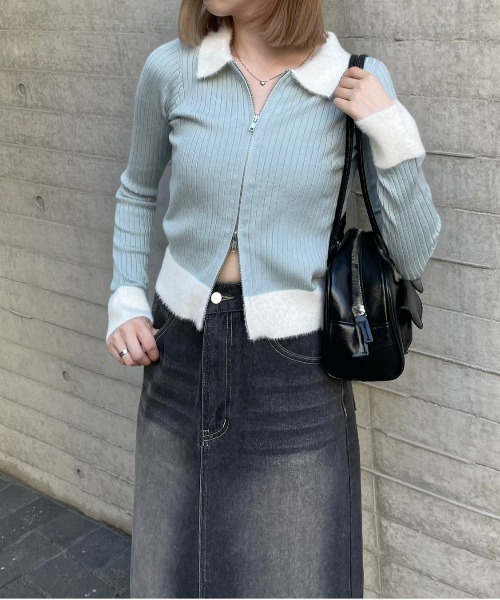 clear（クリア）の「襟袖ショートフェザーダブルジップリブニットトップス [大人 カジュアル 着回し力抜群]≪再入荷≫（ニット/セーター・レディース・ブラック/アイボリー/ライトピンク/グレー/ミント・F）」の16枚目の写真