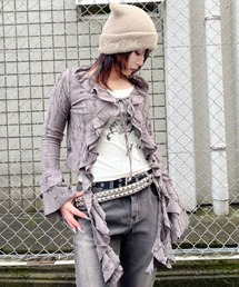 XU | ストリートファッション XU エックスユー damage frill cardigan ダメージフリルカーディガン シャツカーディガン へそ出しカーディガン ラッフルカーディガン 羽織り 韓国ファッション 韓国ストリート グランジ Y2K(カーディガン/ボレロ)