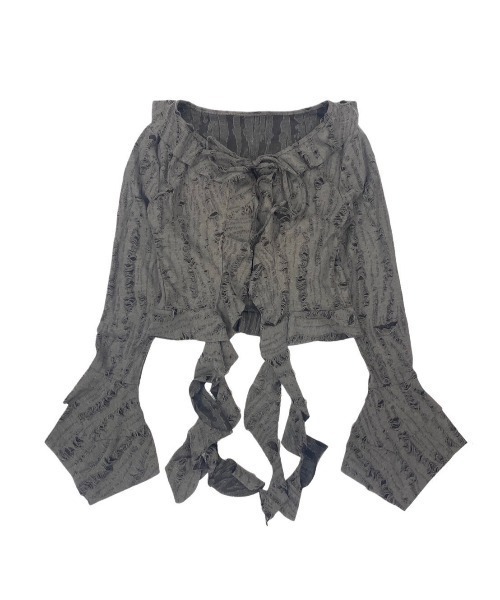 XU(エックスユー)の「ストリートファッション XU エックスユー damage frill cardigan ダメージフリルカーディガン シャツカーディガン へそ出しカーディガン ラッフルカーディガン 羽織り 韓国ファッション 韓国ストリート グランジ Y2K(カーディガン/ボレロ・レディース・チャコール/アイボリー・ONE SIZE)」の16枚目の写真