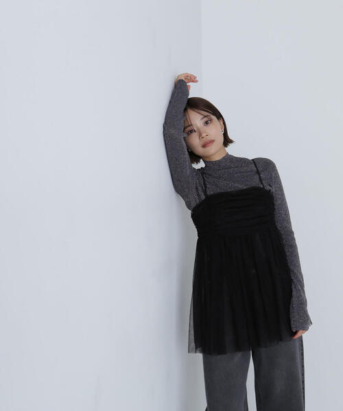 NATURAL BEAUTY BASIC(ナチュラルビューティーベーシック)の「ギャザーチュールチュニック(キャミソール・レディース・ラベンダー/グレー/ブラック・FREE)」の6枚目の写真