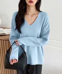【2025AW 新色追加!】 もちっとなめらかタッチ ルーズVネックニット きれいめ 長袖 ロング ニット 春服 秋服