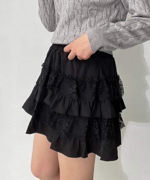 AS KNOW AS plus（アズノゥアズプラス）の「◇レースティアードフリルミニスカート（スカート・レディース・ブラック/オフホワイト/レオパード/ブラック系/ホワイト系/ブラック系1/ホワイト系1/キャメル/ダークブラウン/グレー系その他/ブラック系その他/グレー系/ドット/ブラウン系/ブラック系2/ホワイト系2・FREE）」の21枚目の写真