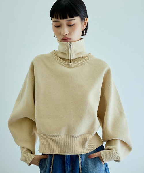 ADAM ET ROPE'（アダムエロペ）の「【サステナブル】・【洗える】ベロアヤーンZIPタートルニット（ニット/セーター・レディース・ブラック/ベージュ系その他・FREE）」の14枚目の写真