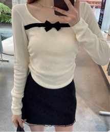 ベロアリボンラウンドネック サイドギャザータイトピチニット