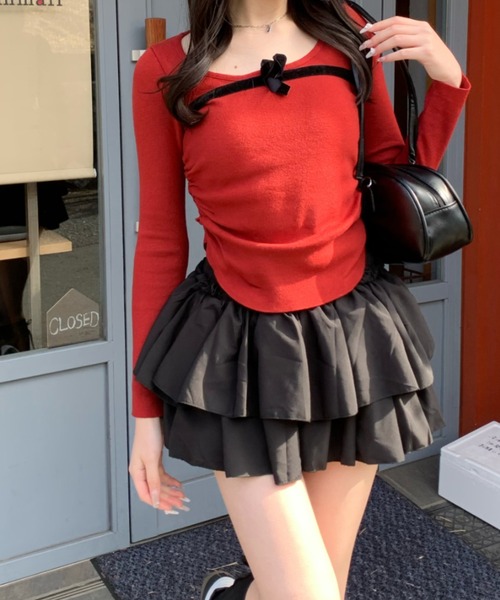 Mejoul（メジュール）の「ベロアリボンラウンドネック サイドギャザータイトピチニット（ニット/セーター・レディース・レッド/ホワイト/ブラック・M/L/F）」の12枚目の写真