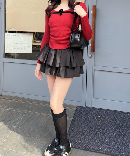 Mejoul（メジュール）の「ベロアリボンラウンドネック サイドギャザータイトピチニット（ニット/セーター・レディース・レッド/ホワイト/ブラック・M/L/F）」の13枚目の写真