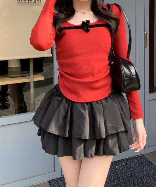 Mejoul（メジュール）の「ベロアリボンラウンドネック サイドギャザータイトピチニット（ニット/セーター・レディース・レッド/ホワイト/ブラック・M/L/F）」の14枚目の写真