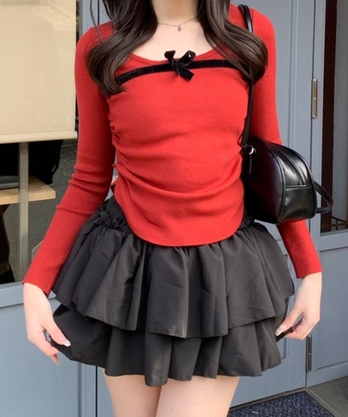 Mejoul（メジュール）の「ベロアリボンラウンドネック サイドギャザータイトピチニット（ニット/セーター・レディース・レッド/ホワイト/ブラック・M/L/F）」の18枚目の写真