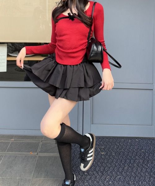 Mejoul（メジュール）の「ベロアリボンラウンドネック サイドギャザータイトピチニット（ニット/セーター・レディース・レッド/ホワイト/ブラック・M/L/F）」の19枚目の写真